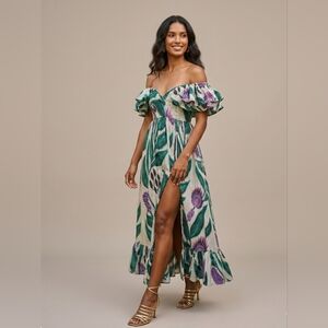 Sika Anthropologie Off-the-Shoulder Printed Maxi Dress Gree, Purple & White Sz 2